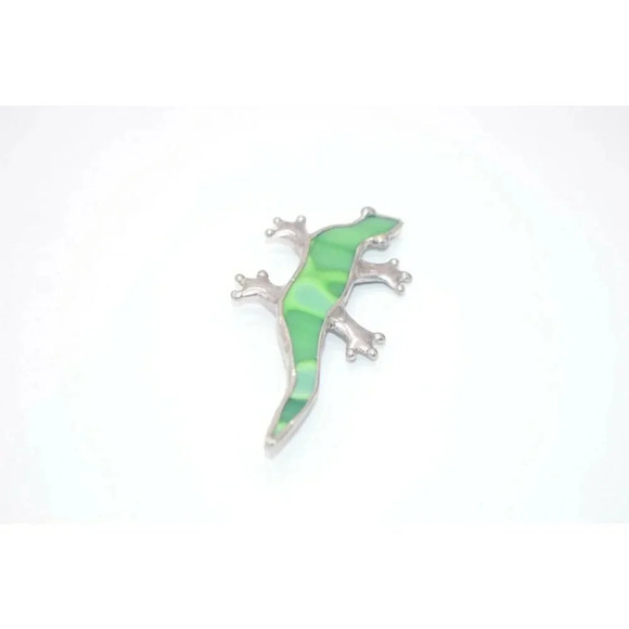 Green Glass Silver Tone Large Gecko Lizard Artist - Picture 2 of 4